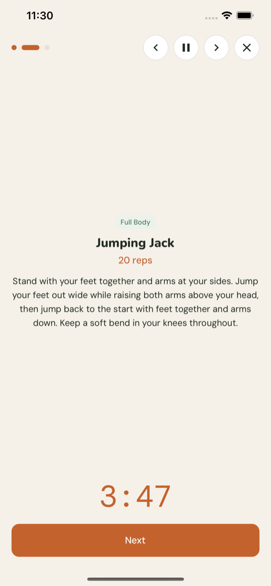A Wait Training session: a Full Body exercise with a live countdown timer